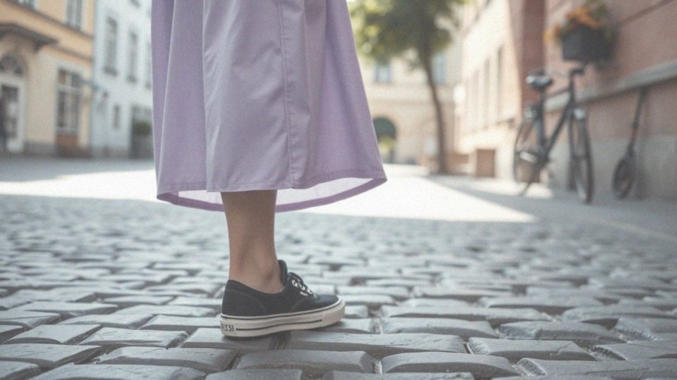 Jakie czarne sneakersy można nosić do liliowej sukienki?